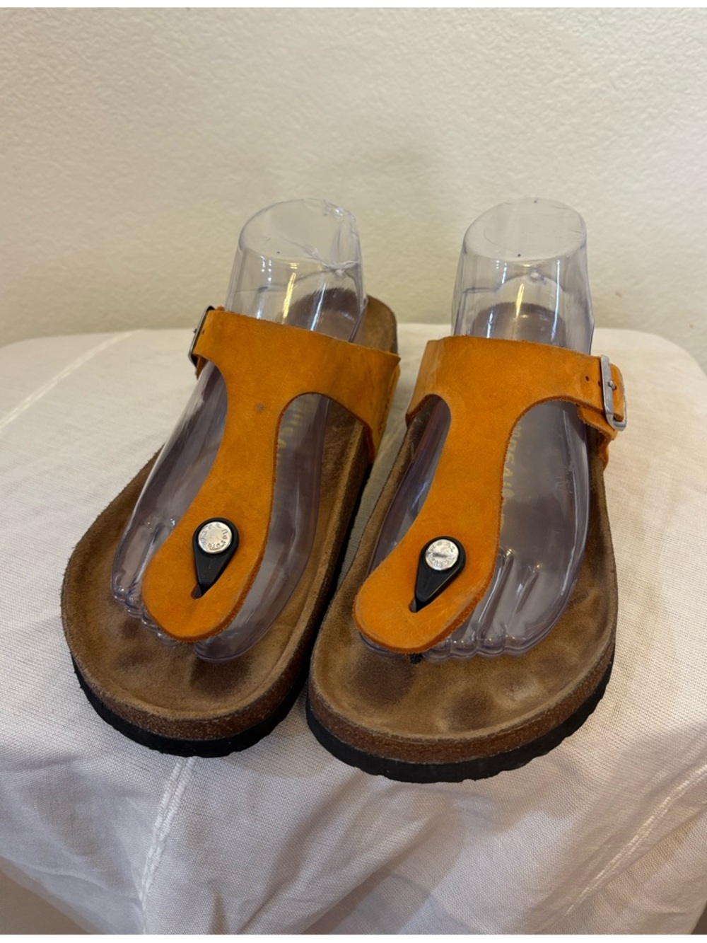 Women's Tan Suede Toe-Post Sandals with Adjustable Buckle